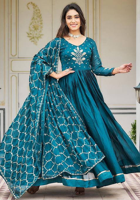 Blue Sequin Embroidered Silk Anarkali Set