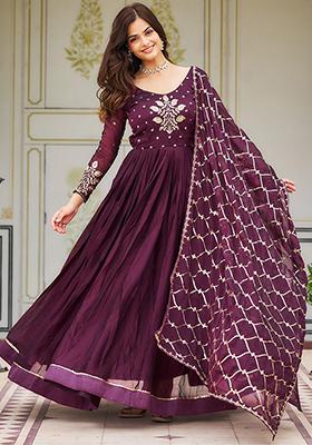 Wine Sequin Embroidered Silk Anarkali Set