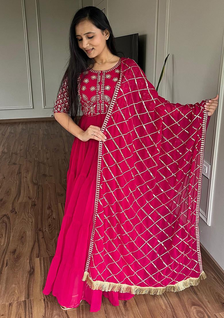 Pink Embroidered Georgette Anarkali Set