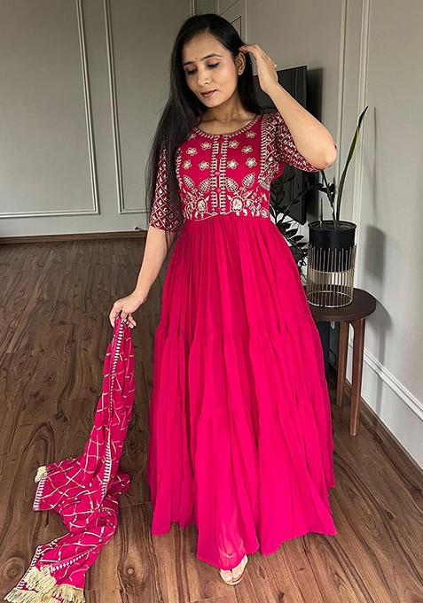 Pink Embroidered Georgette Anarkali Set