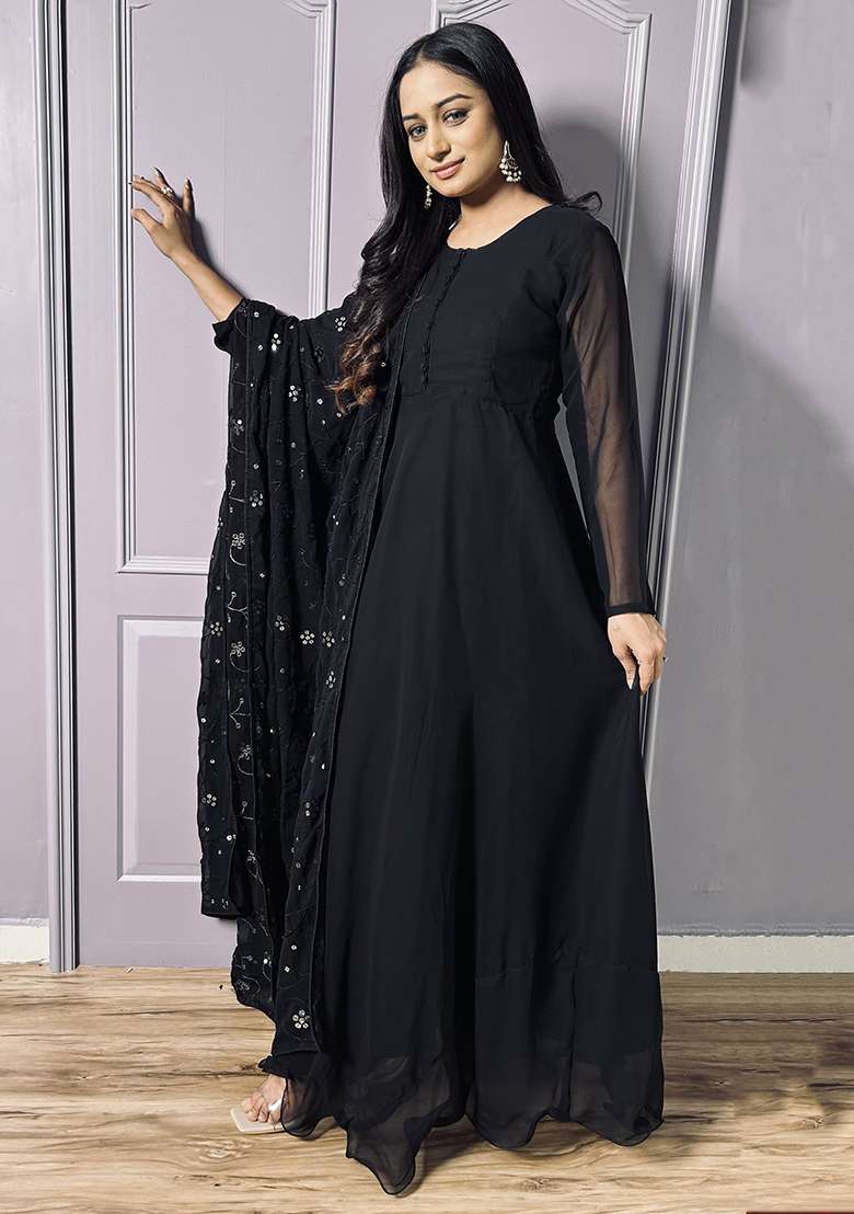 Black Embroidered Georgette Anarkali With Dupatta - Indya