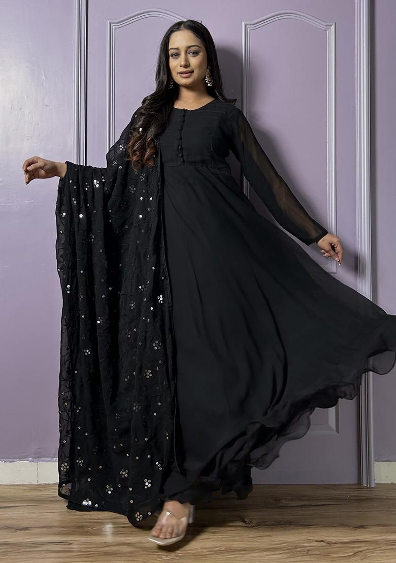 Black Embroidered Georgette Anarkali Set