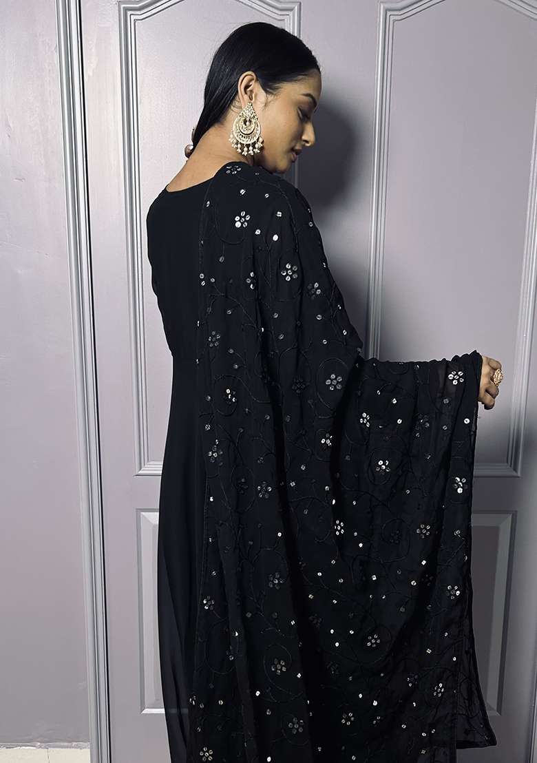 Black Embroidered Georgette Anarkali With Dupatta - Indya