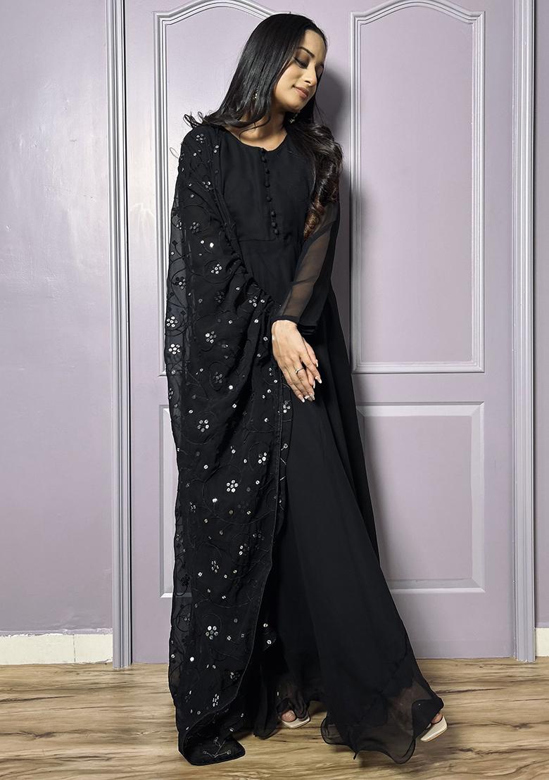 Black Embroidered Georgette Anarkali Set