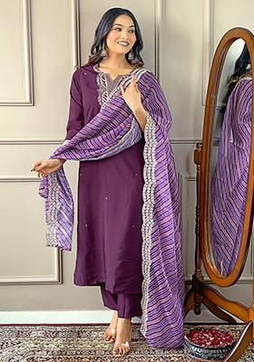 Purple Embroidered Silk Kurta Set