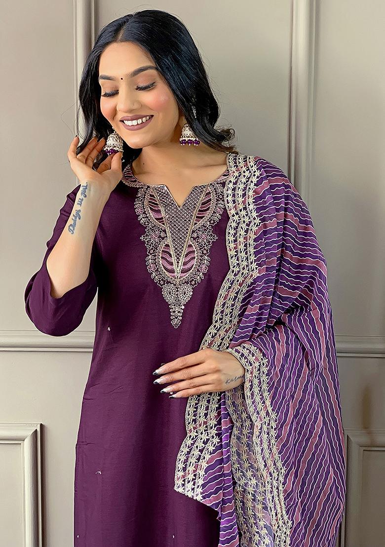 Purple Embroidered Silk Kurta Set