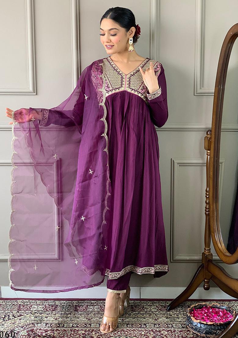 Purple Sequin Embroidered Viscose Kurta Set