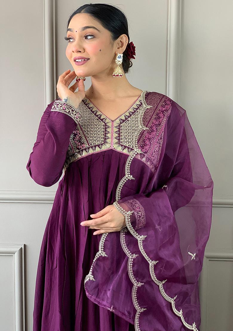 Purple Sequin Embroidered Viscose Kurta Set