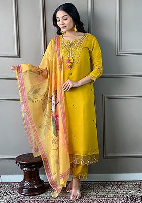 Yellow Embroidered Chanderi Kurta Set