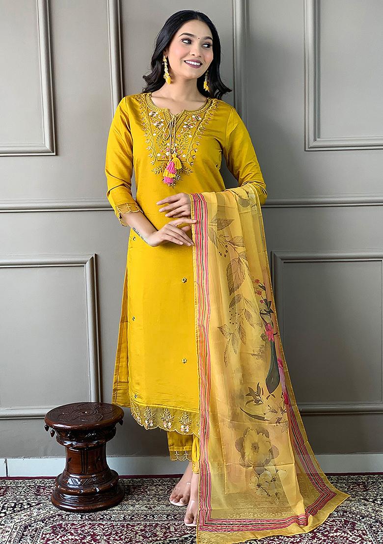 Yellow Embroidered Chanderi Kurta Set