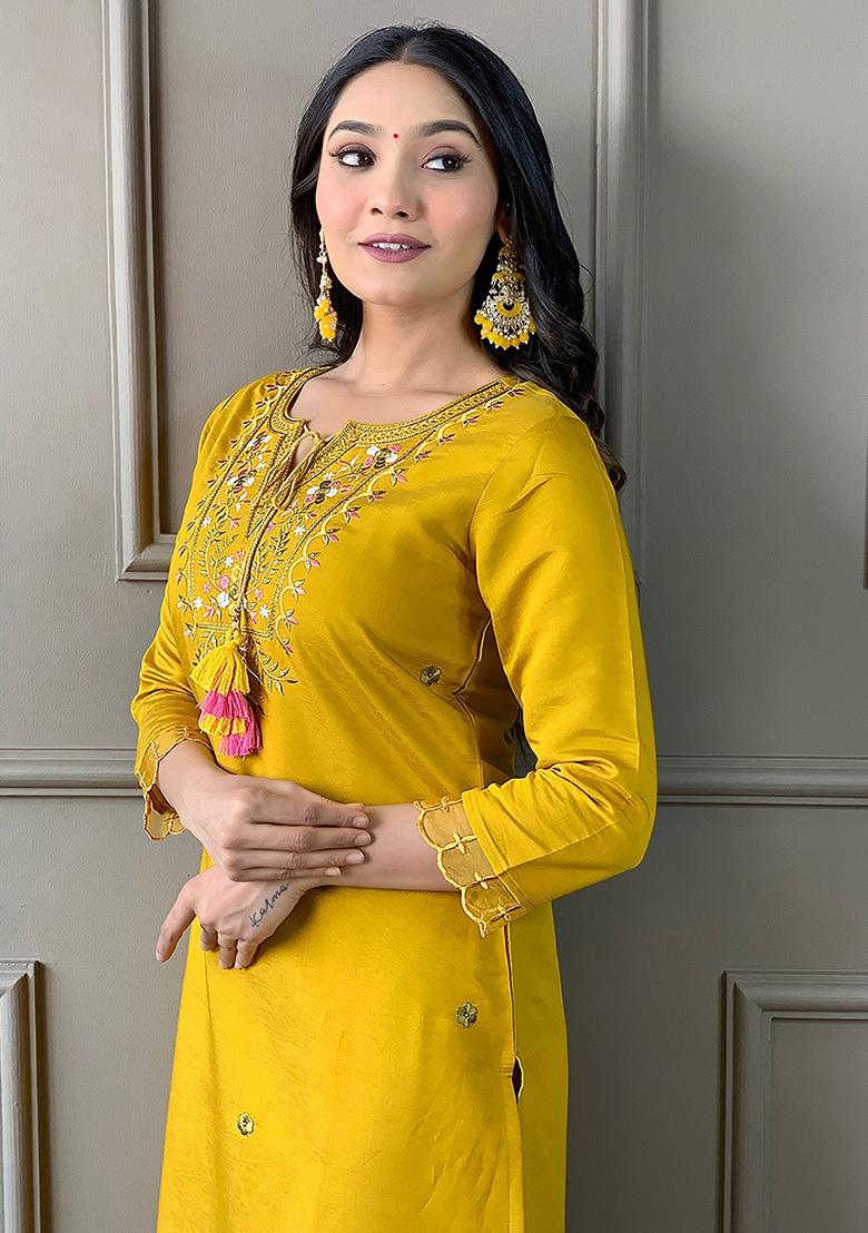 Yellow Embroidered Chanderi Kurta Set