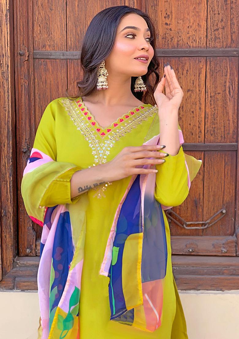 Green Sequin Embroidered Viscose Kurta Set