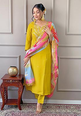 Yellow Embroidered Viscose Kurta Set