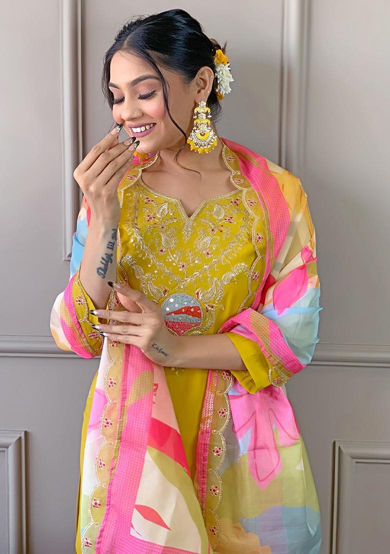 Yellow Embroidered Viscose Kurta Set