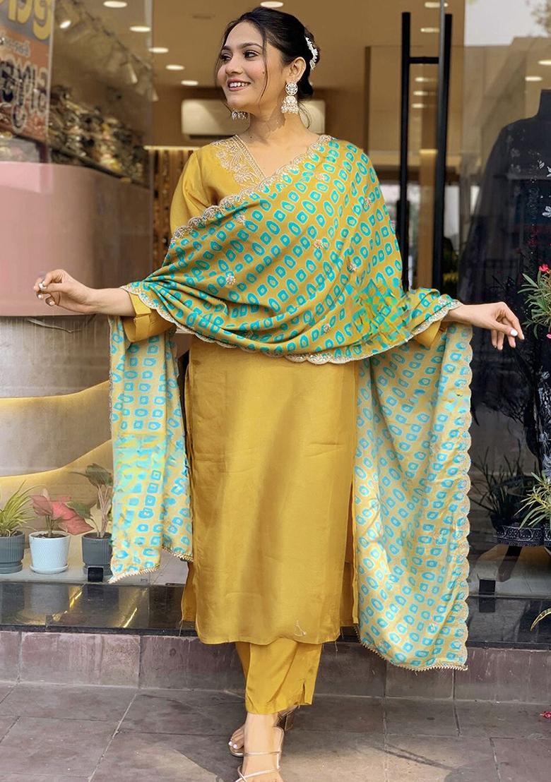 Yellow Embroidered Cotton Kurta Set