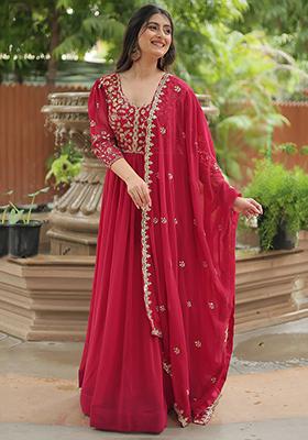 Pink Embroidered Georgette Anarkali Set