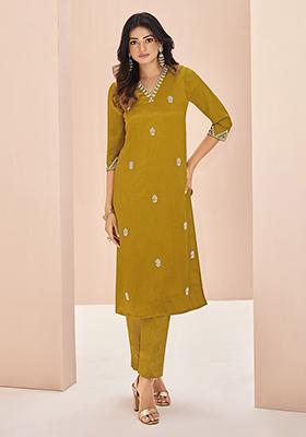 Yellow Embroidered Chinon Kurta Set
