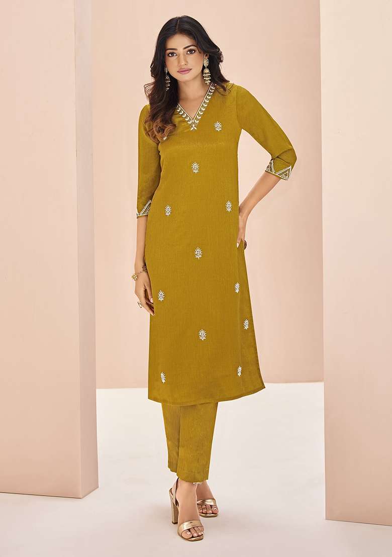 Yellow Embroidered Chinon Kurta Set - Indya