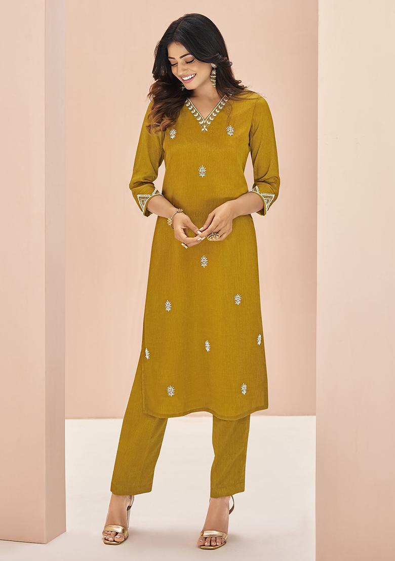 Yellow Embroidered Chinon Kurta Set