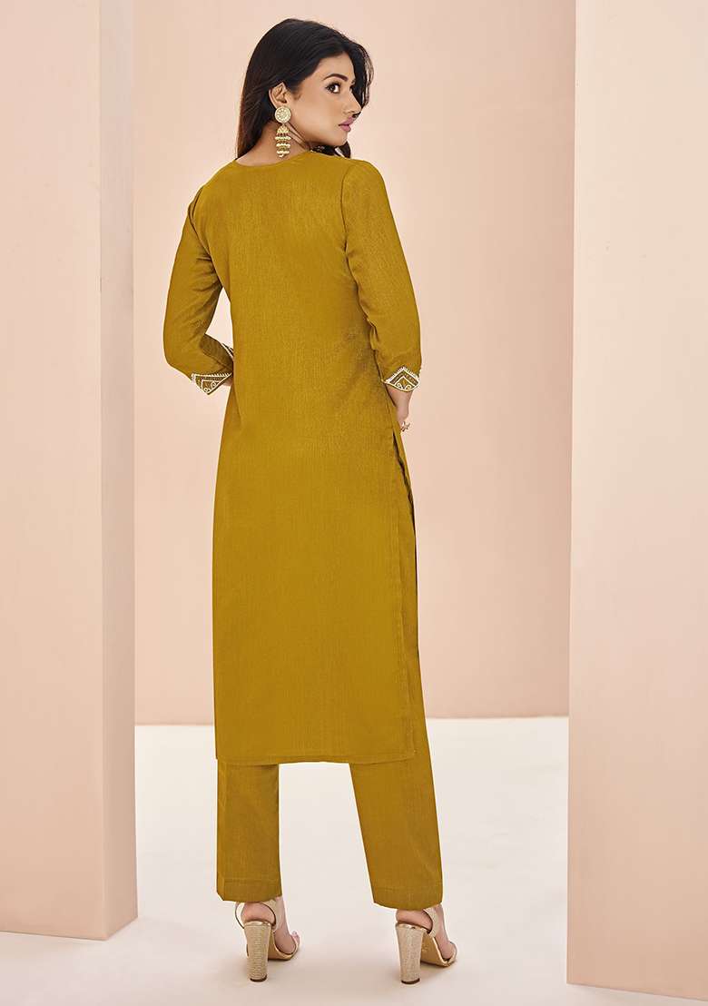 Yellow Embroidered Chinon Kurta Set - Indya