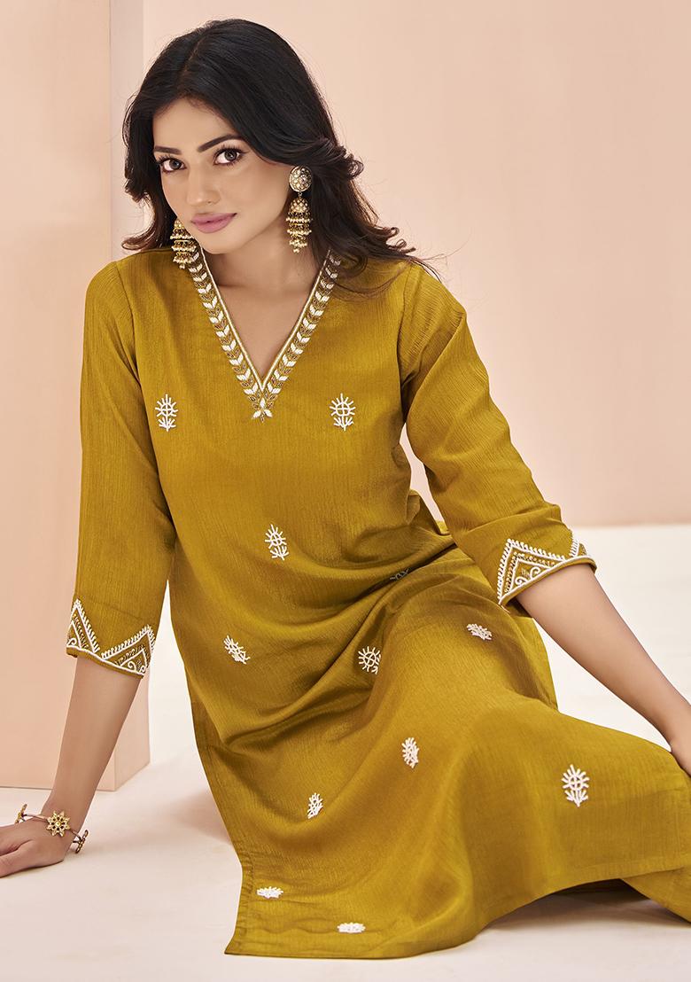Yellow Embroidered Chinon Kurta Set