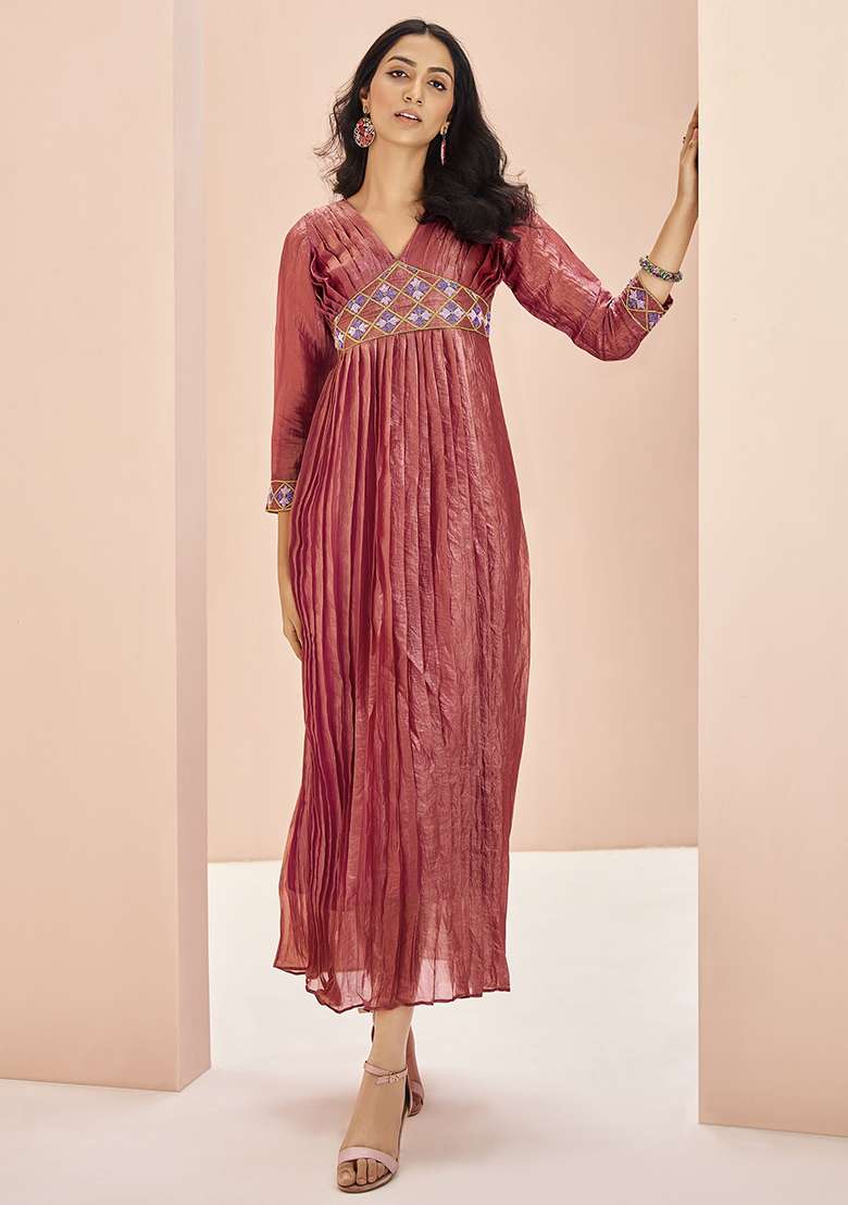 Red Embroidered Organza Dresses - Indya