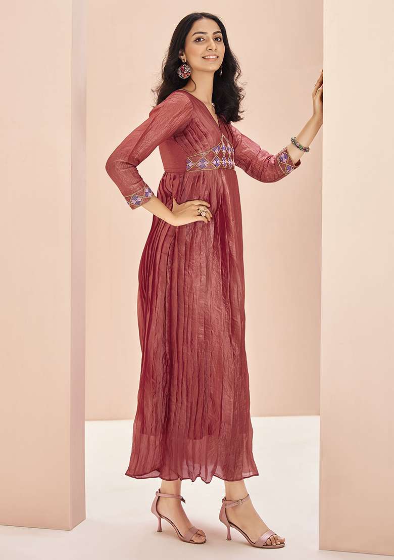 Red Embroidered Organza Dresses - Indya