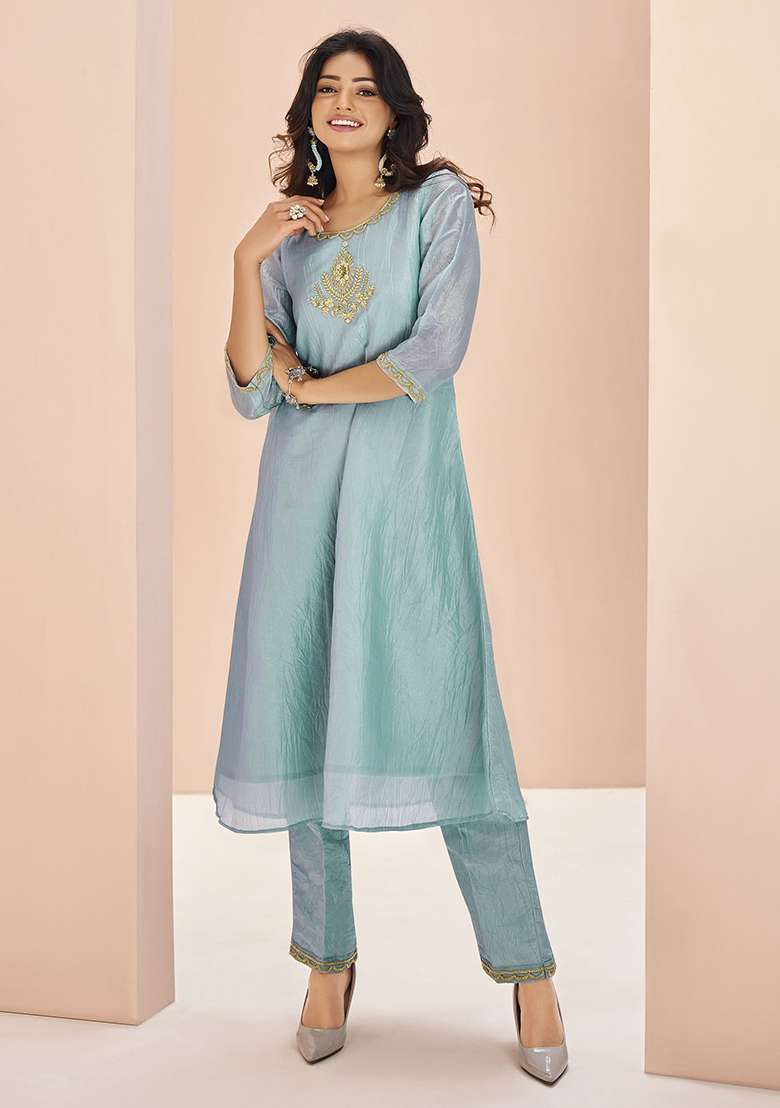 Blue Embroidered Organza Kurta Set - Indya