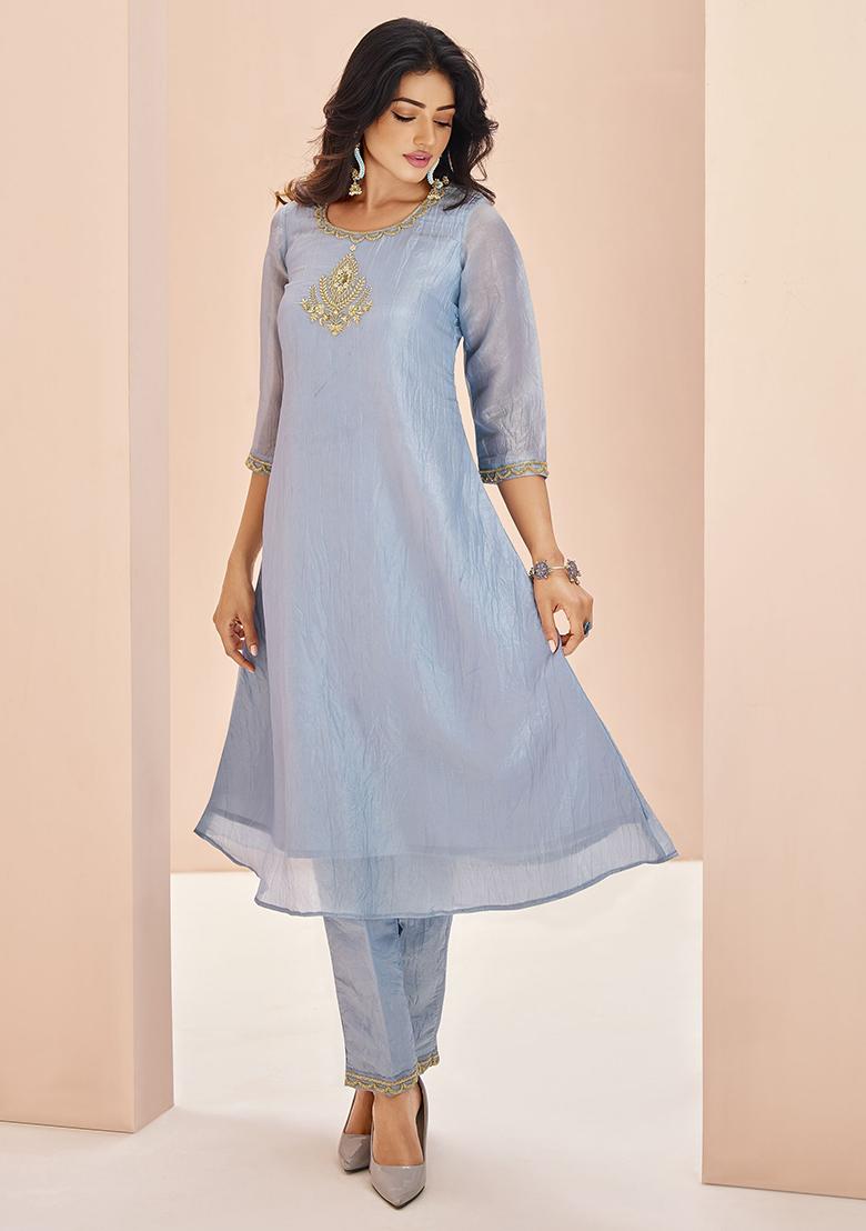 Blue Embroidered Organza Kurta Set