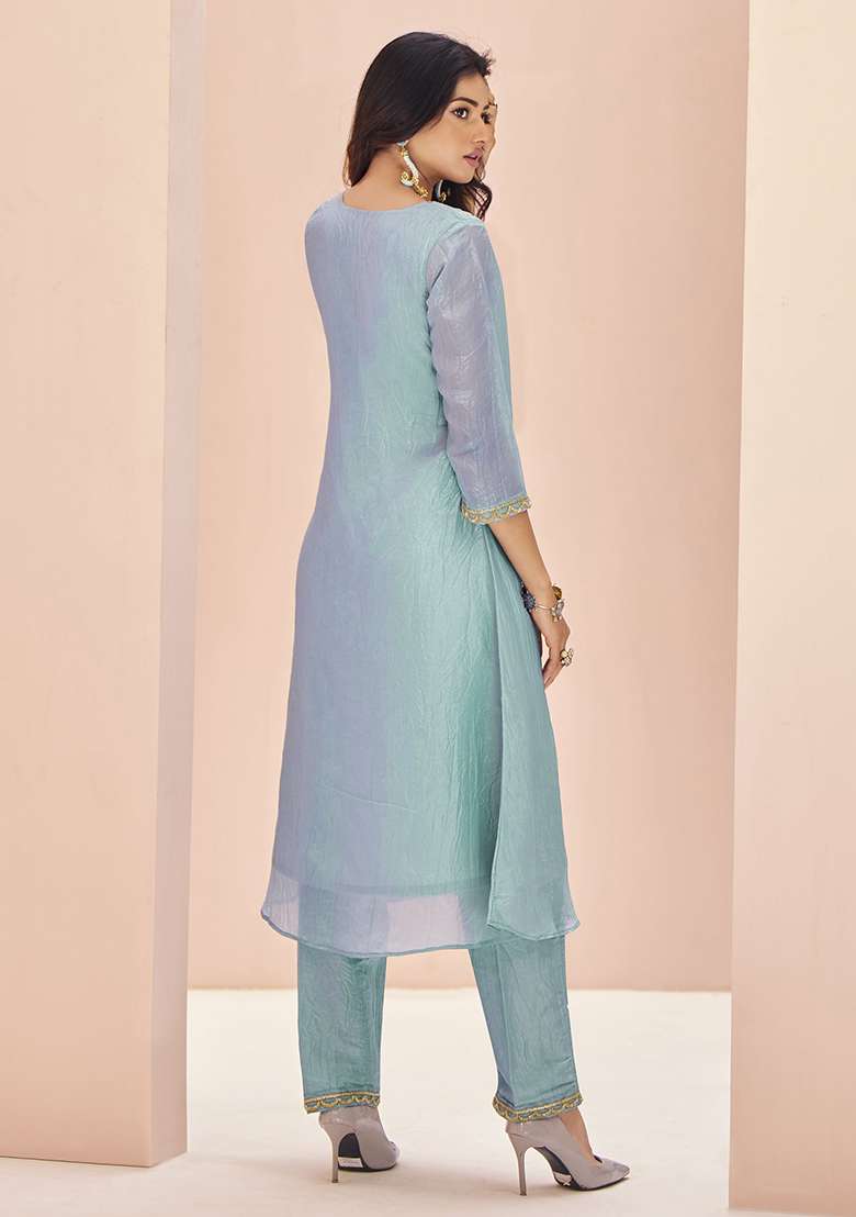 Blue Embroidered Organza Kurta Set - Indya