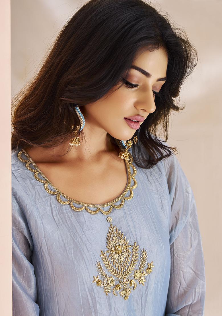 Blue Embroidered Organza Kurta Set