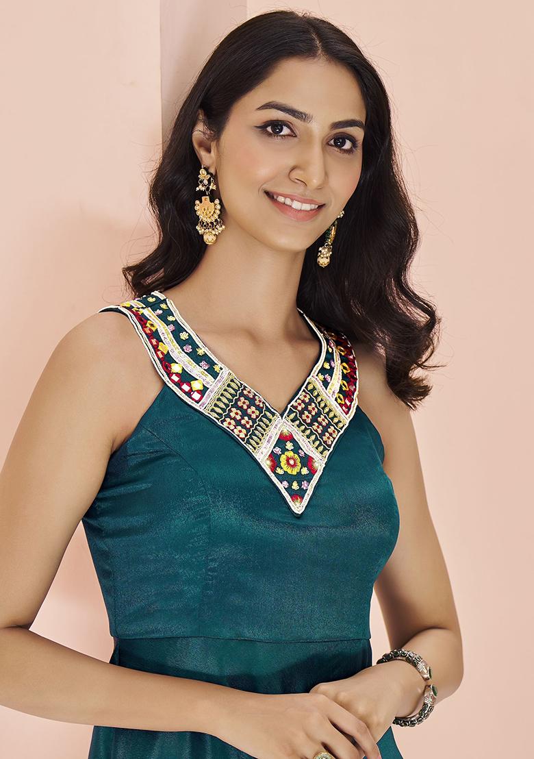 Blue Embroidered Chinon Anarkali Set