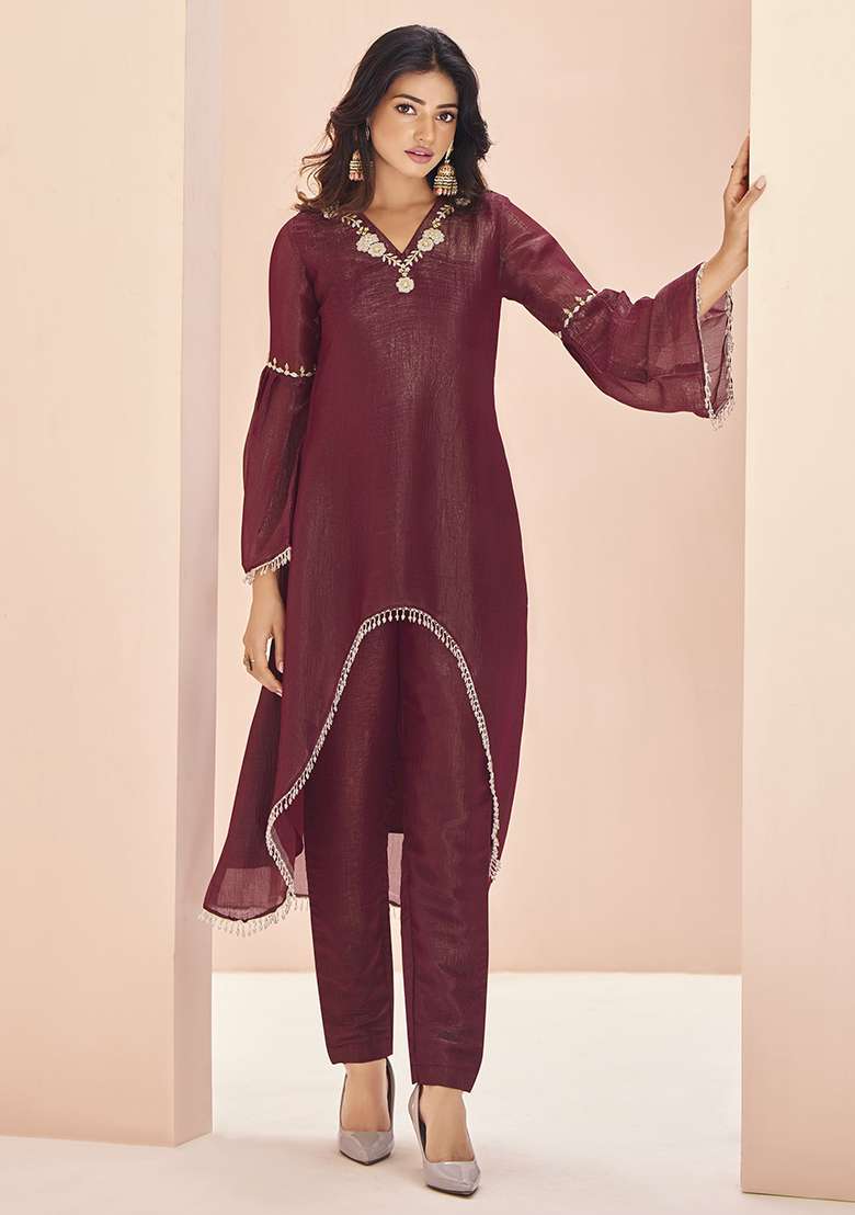 Maroon Embroidered Organza Kurta Set - Indya