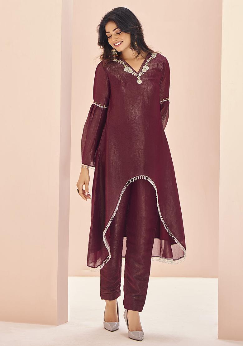 Maroon Embroidered Organza Kurta Set