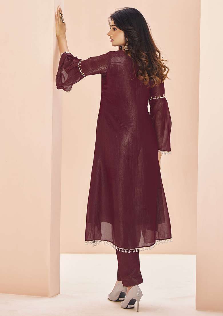 Maroon Embroidered Organza Kurta Set - Indya