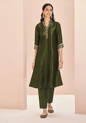 Green Embroidered Organza Kurta Set