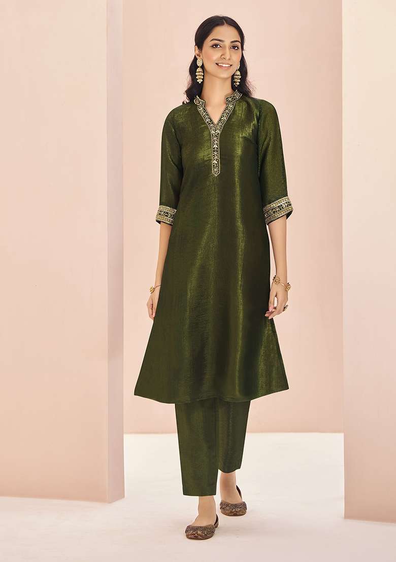 Green Embroidered Organza Kurta Set - Indya