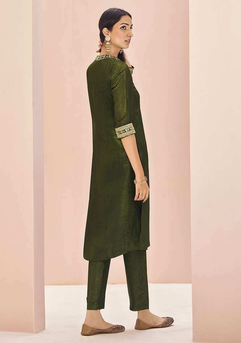 Green Embroidered Organza Kurta Set - Indya