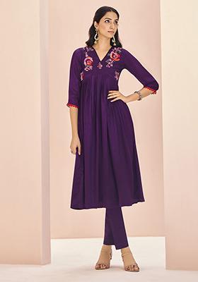 Purple Embroidered Chinon Kurta Set