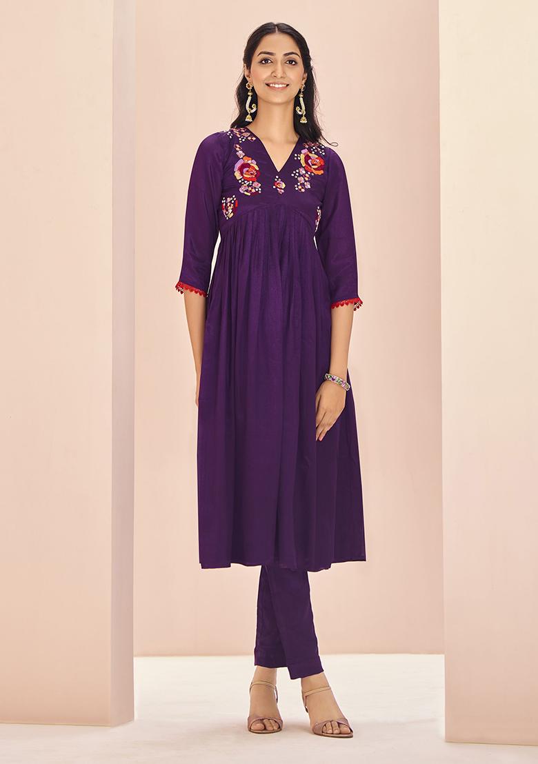 Purple Embroidered Chinon Kurta Set
