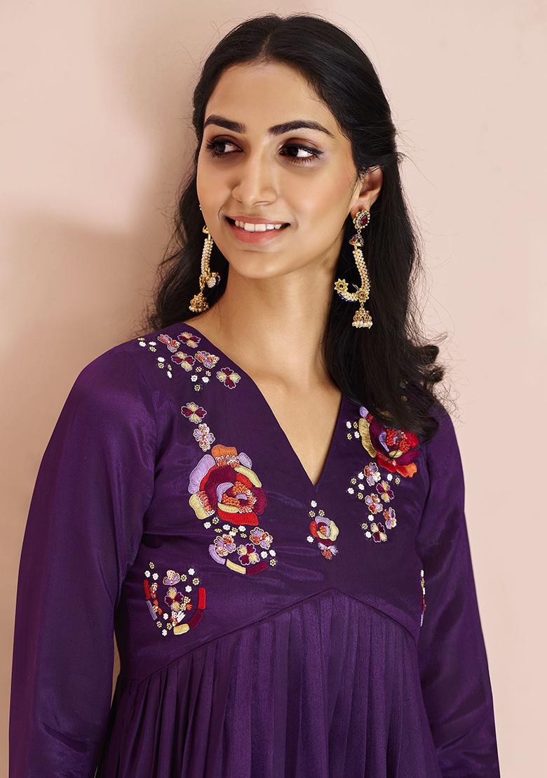 Purple Embroidered Chinon Kurta Set
