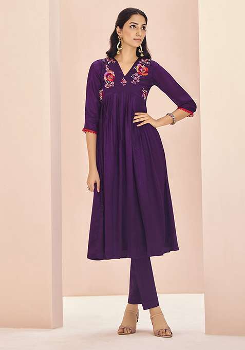 Purple Embroidered Chinon Kurta Set