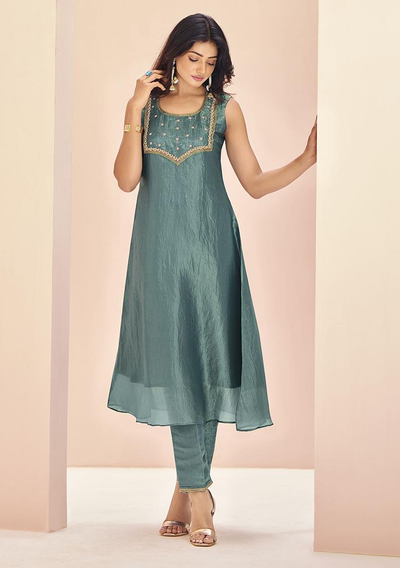 Blue Embroidered Organza Kurta Set