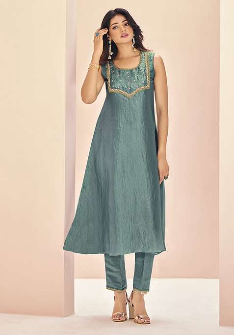 Blue Embroidered Organza Kurta Set