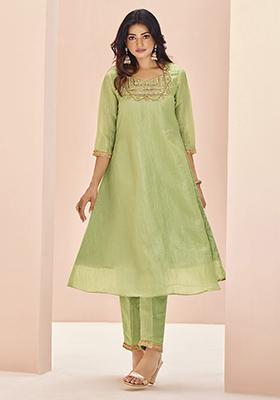 Green Embroidered Organza Kurta Set