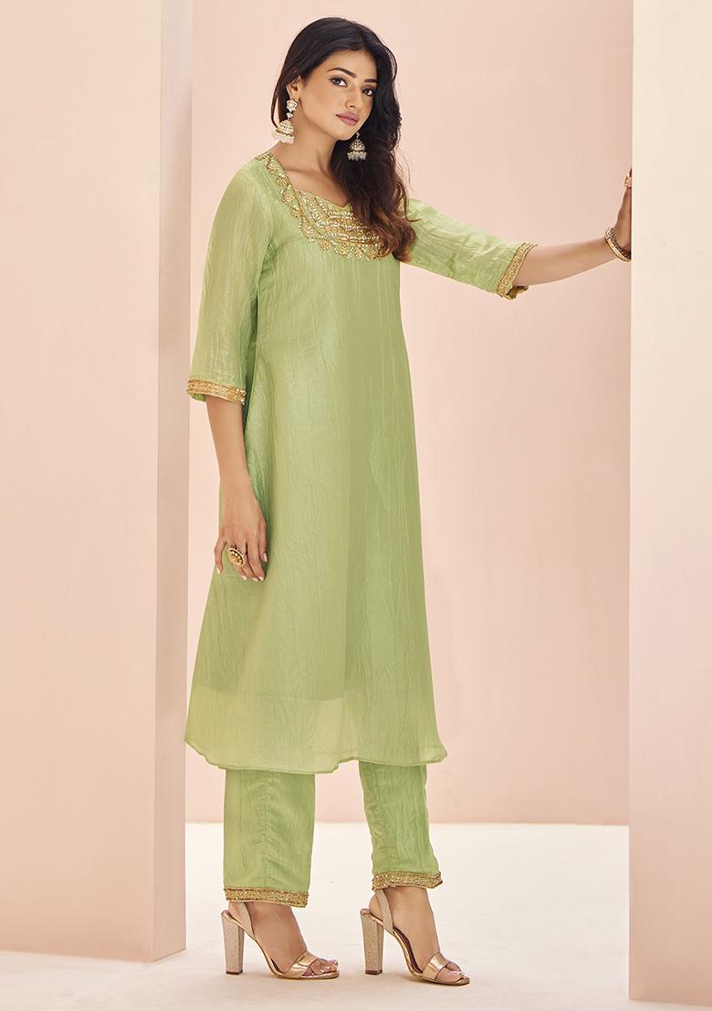 Green Embroidered Organza Kurta Set