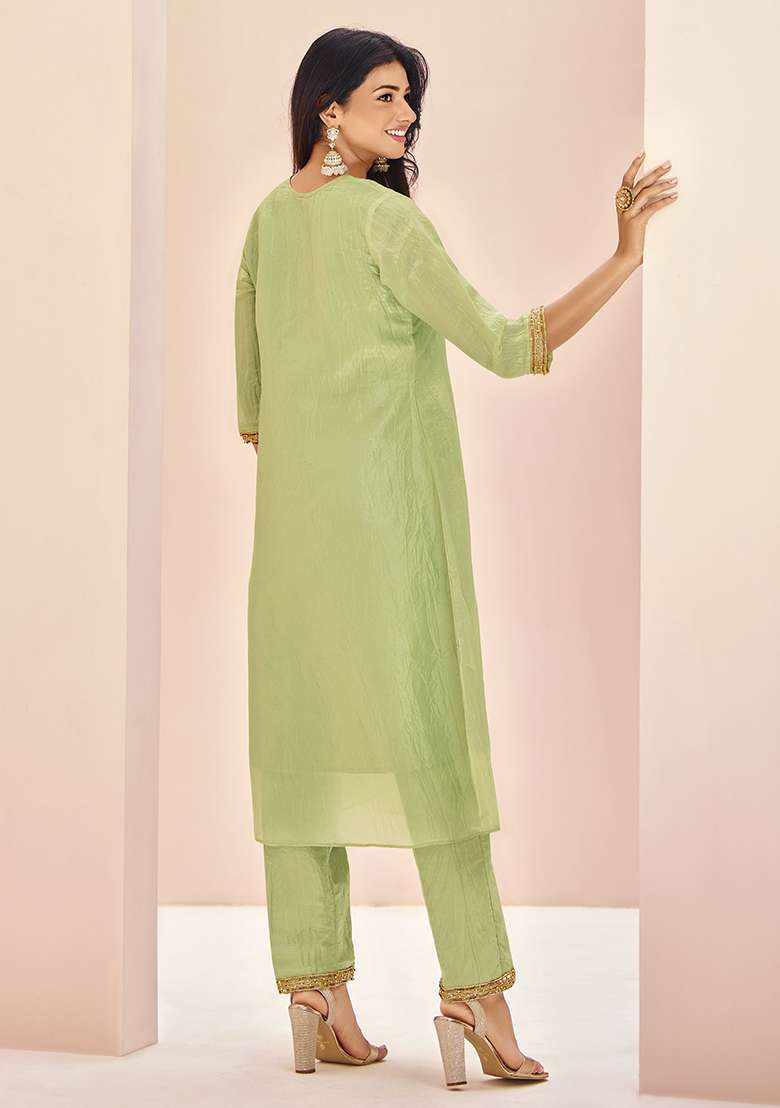 Green Embroidered Organza Kurta Set - Indya