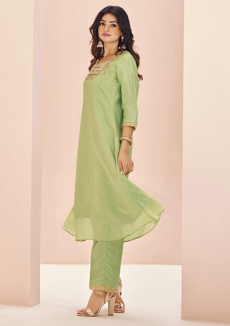 Green Embroidered Organza Kurta Set