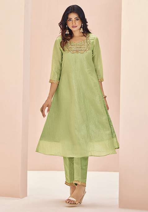 Green Embroidered Organza Kurta Set