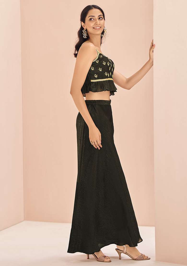 Black Embroidered Art Silk Kurta Set - Indya
